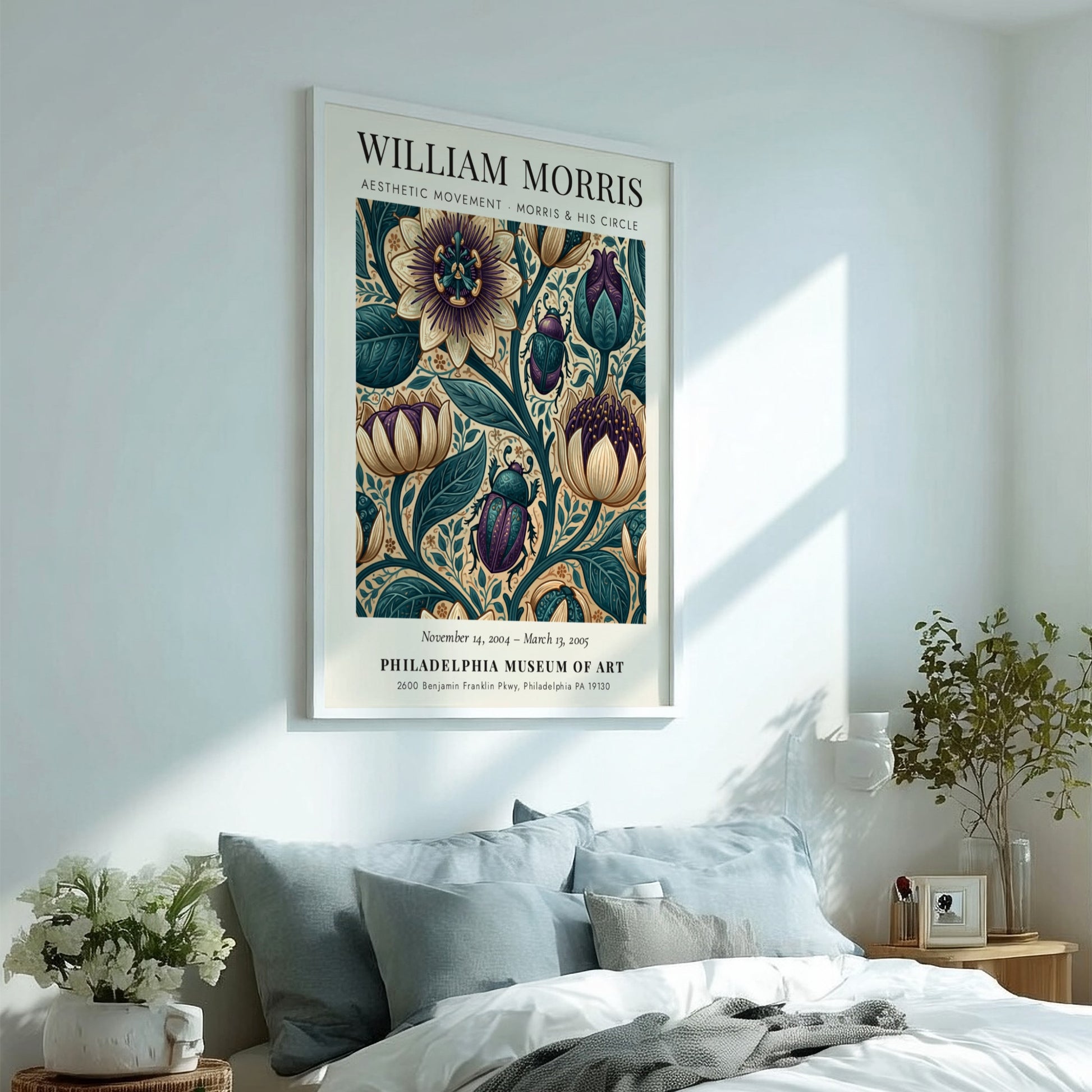 William Morris poster featuring floral patterns in vibrant colors, Aesthetic Movement design