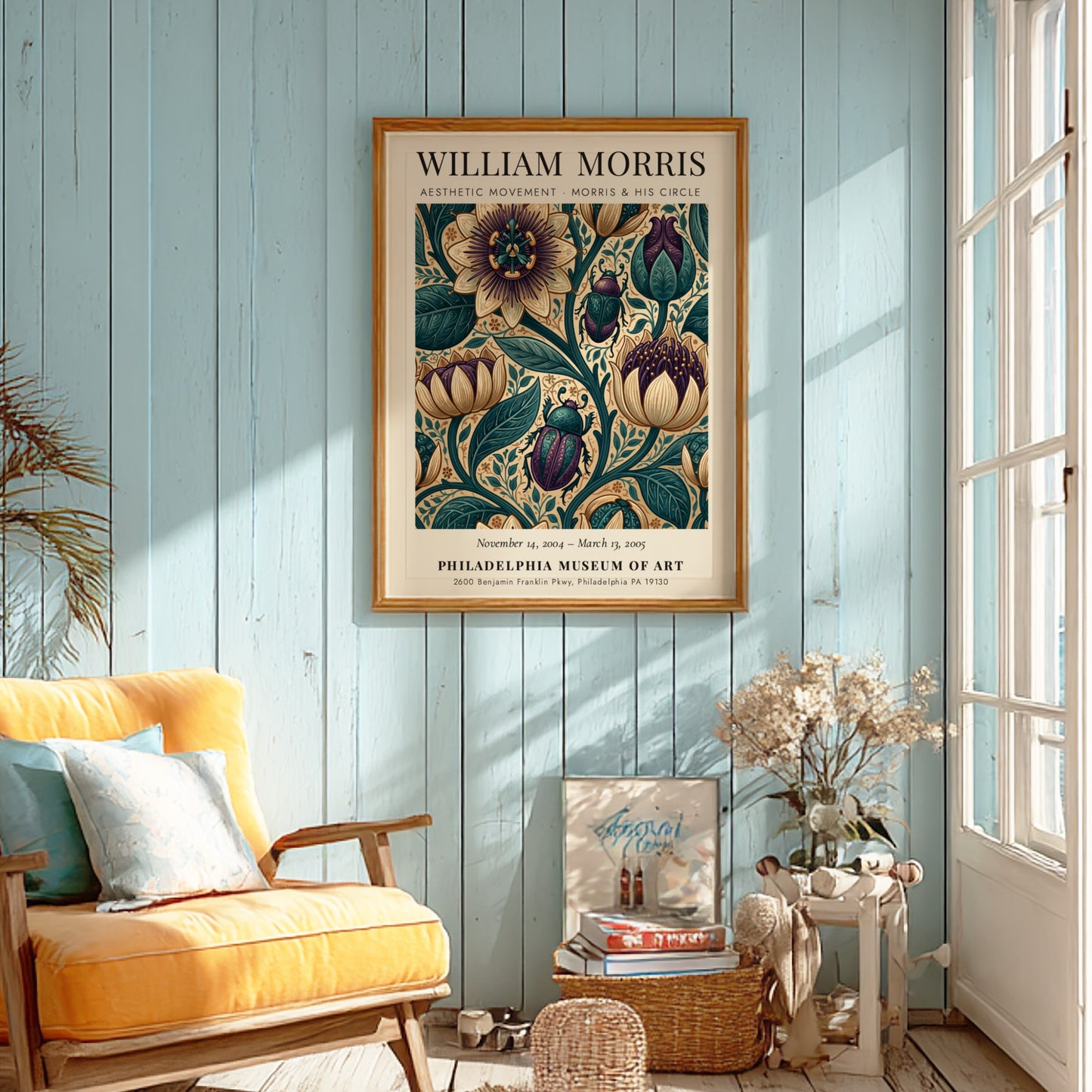 William Morris poster featuring floral patterns in vibrant colors, Aesthetic Movement design