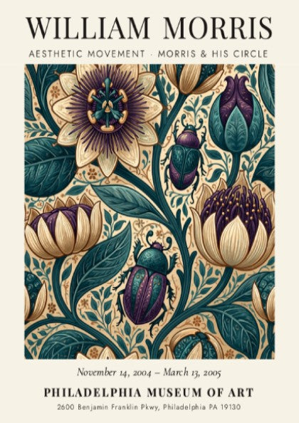 William Morris poster featuring floral patterns in vibrant colors, Aesthetic Movement design