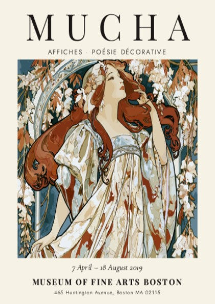 Alphonse Mucha poster featuring floral motifs and elegant colors in Art Nouveau style