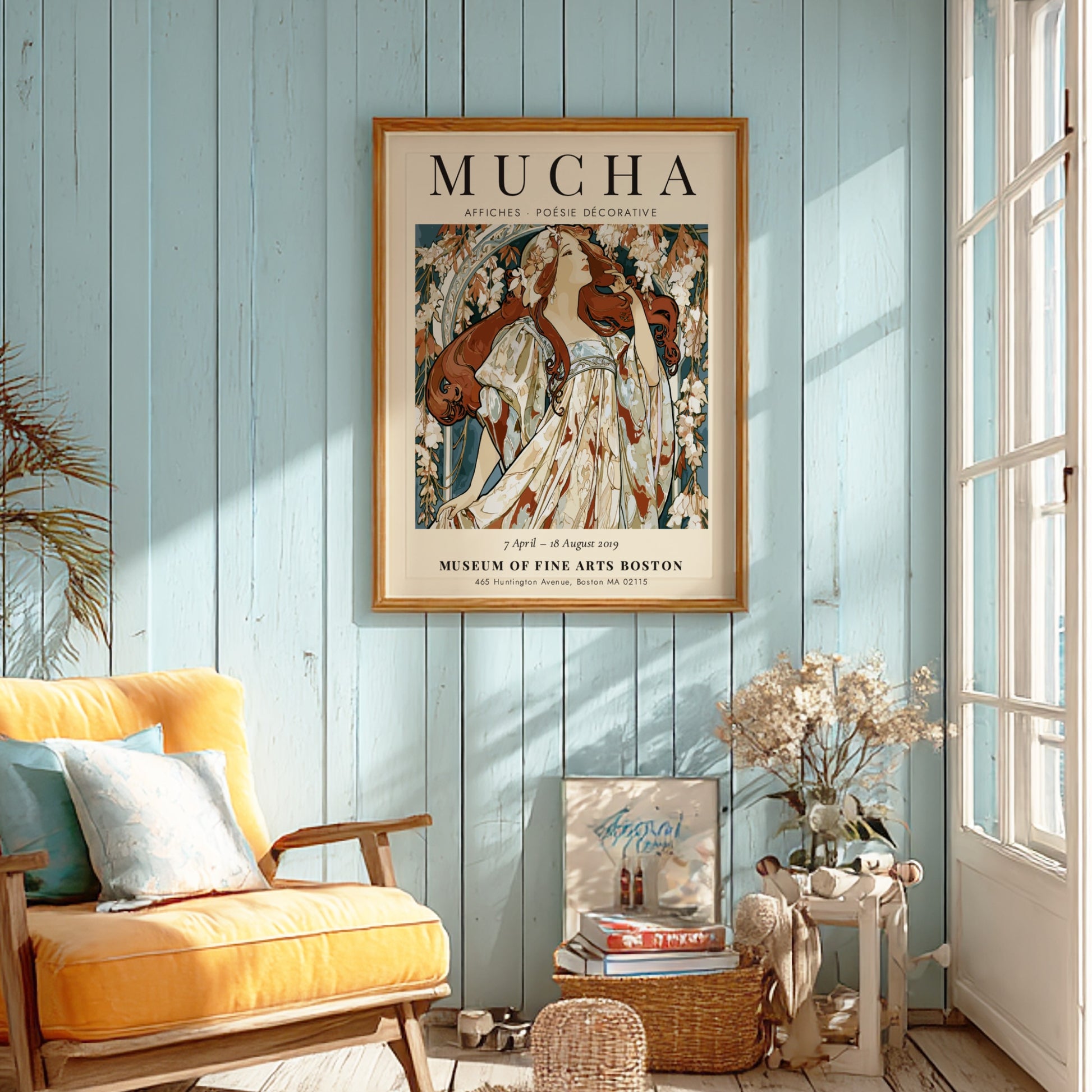 Alphonse Mucha poster featuring floral motifs and elegant colors in Art Nouveau style