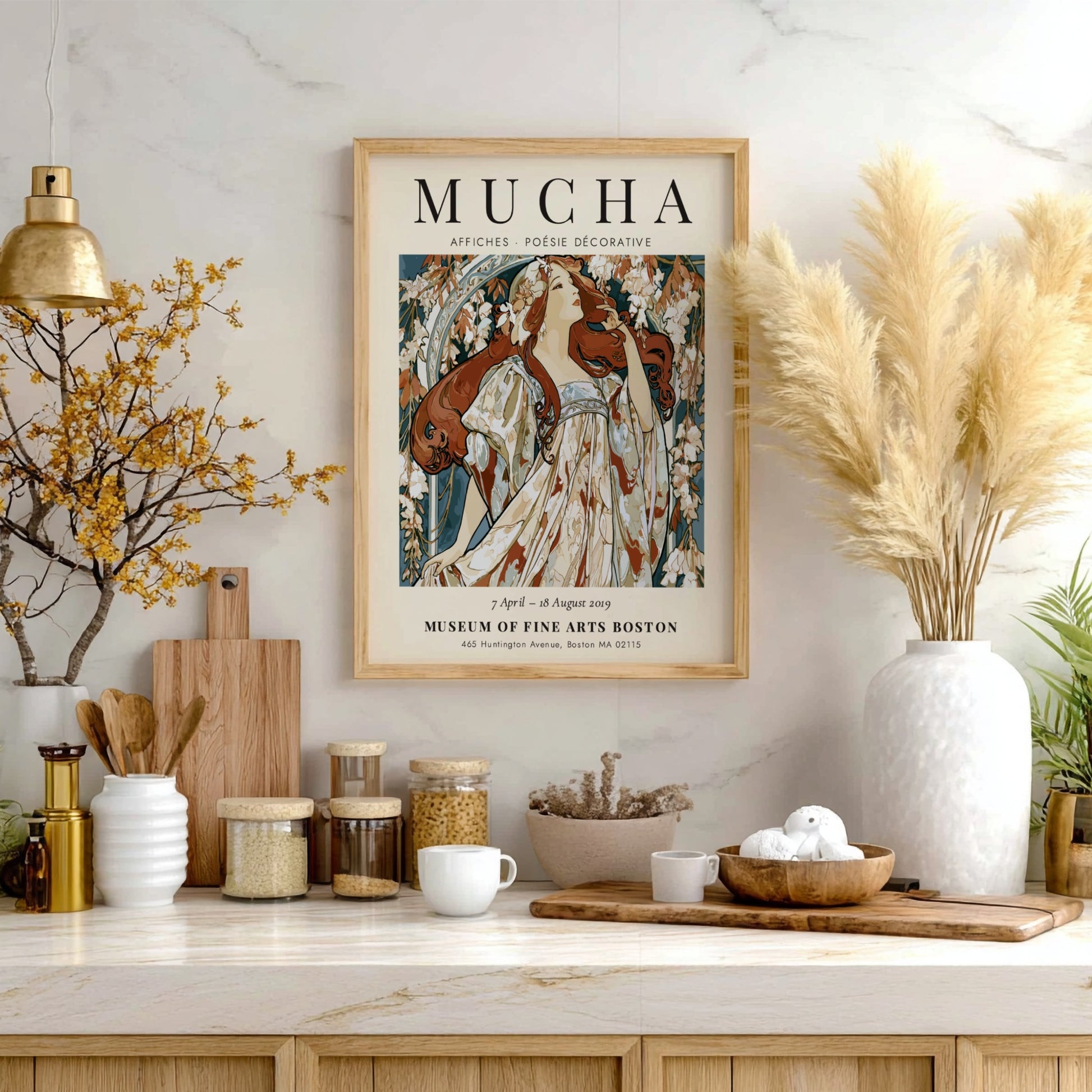 Alphonse Mucha poster featuring floral motifs and elegant colors in Art Nouveau style
