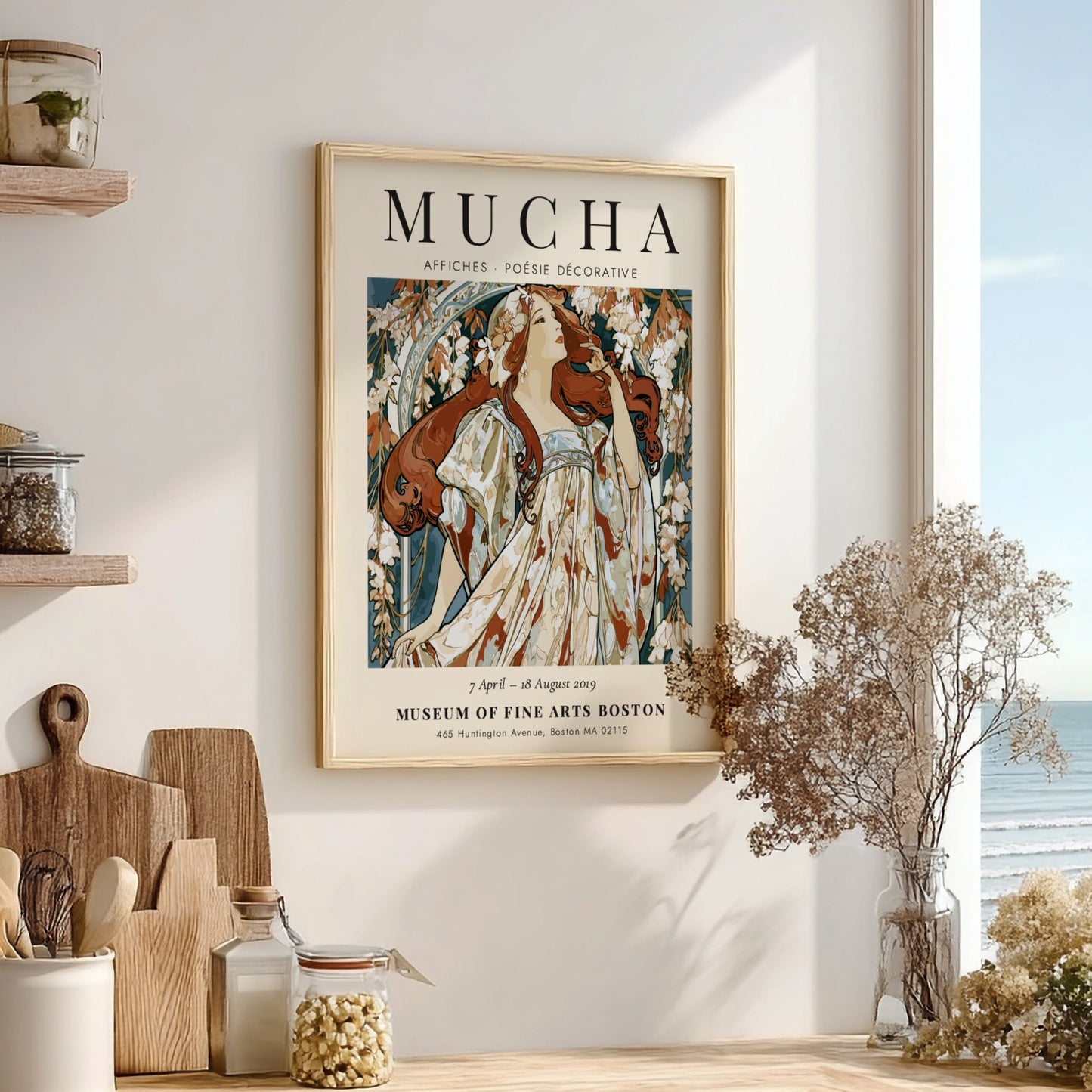 Alphonse Mucha poster featuring floral motifs and elegant colors in Art Nouveau style