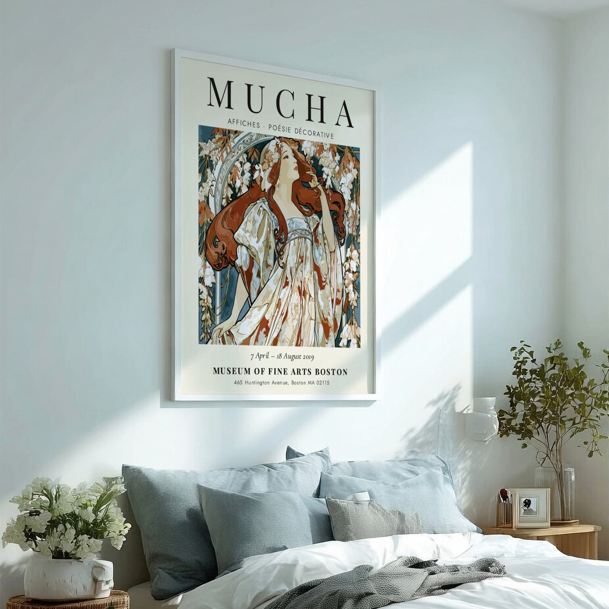 Alphonse Mucha poster featuring floral motifs and elegant colors in Art Nouveau style