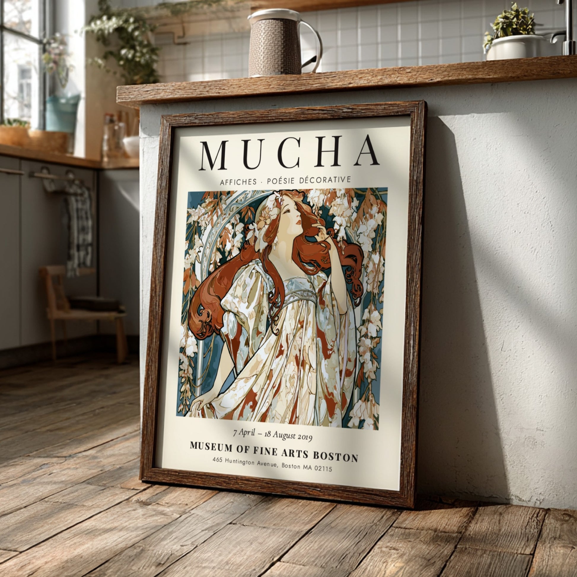 Alphonse Mucha poster featuring floral motifs and elegant colors in Art Nouveau style