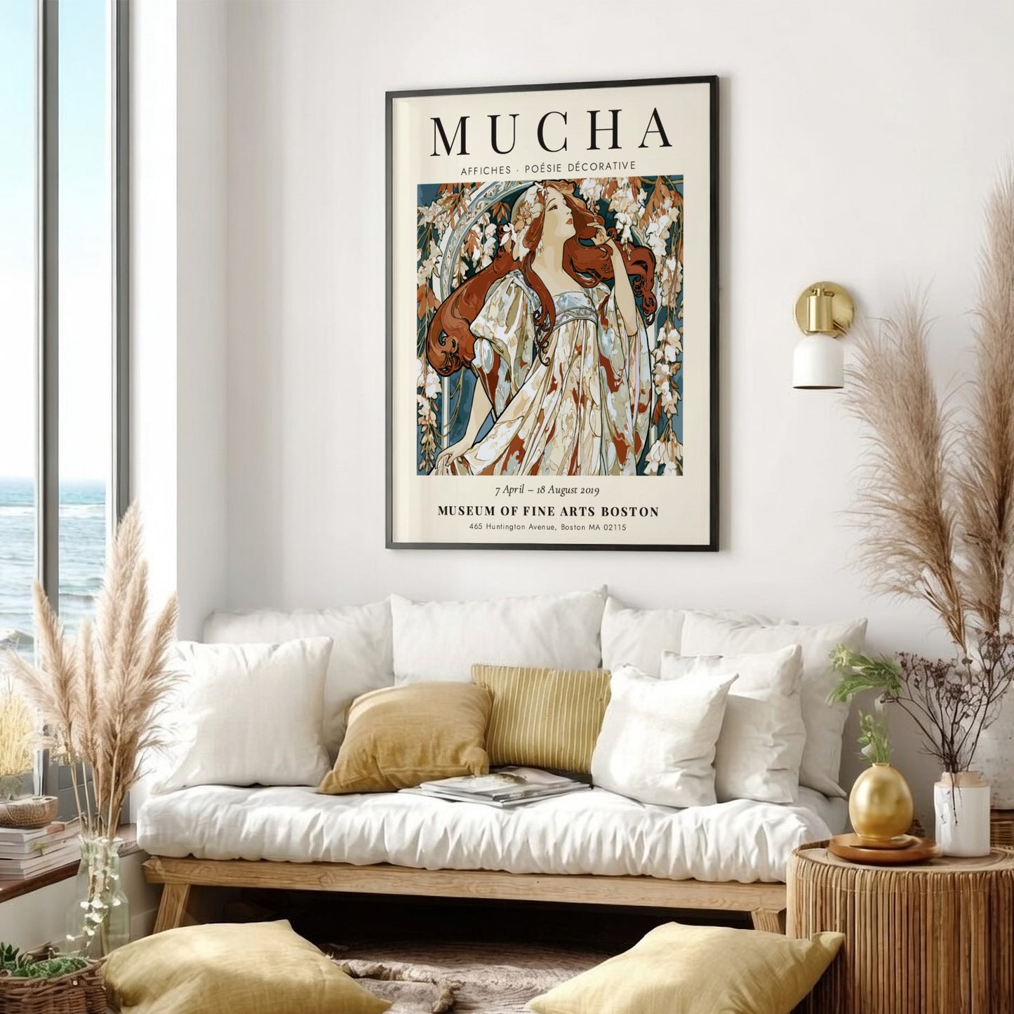 Alphonse Mucha poster featuring floral motifs and elegant colors in Art Nouveau style