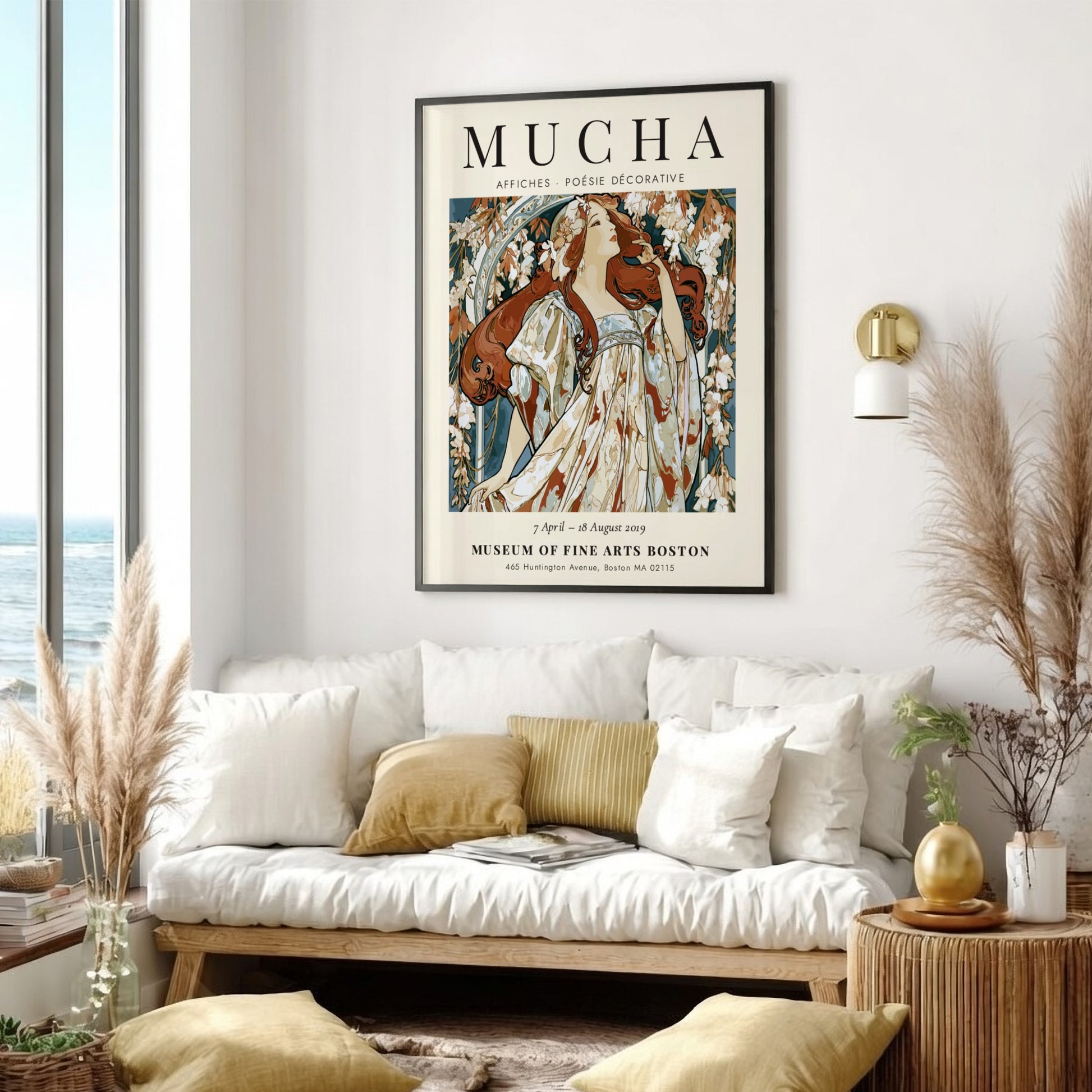 Alphonse Mucha poster featuring floral motifs and elegant colors in Art Nouveau style
