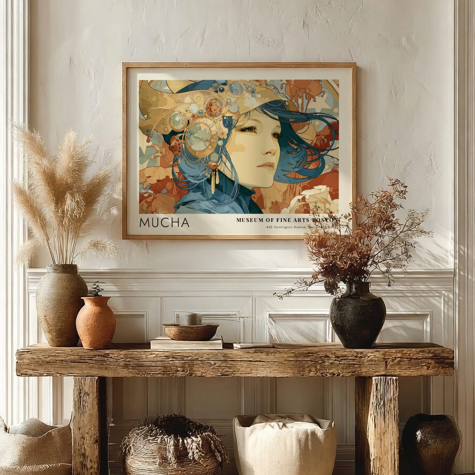 Wall art poster featuring Alphonse Mucha Poésie Décorative in deep blue and terracotta tones