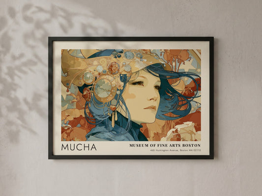 Wall art poster featuring Alphonse Mucha Poésie Décorative in deep blue and terracotta tones