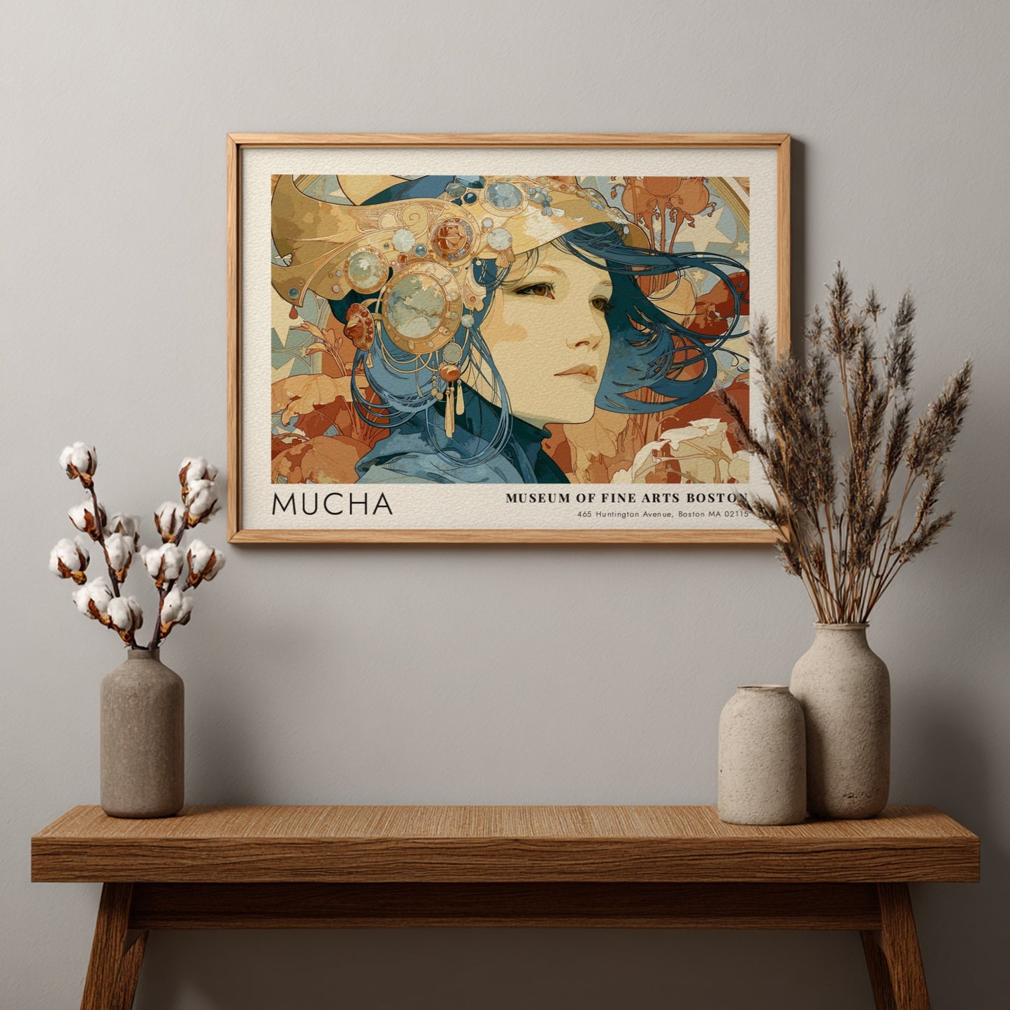Wall art poster featuring Alphonse Mucha Poésie Décorative in deep blue and terracotta tones