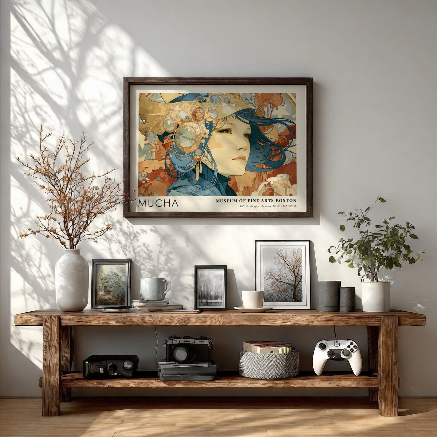 Wall art poster featuring Alphonse Mucha Poésie Décorative in deep blue and terracotta tones