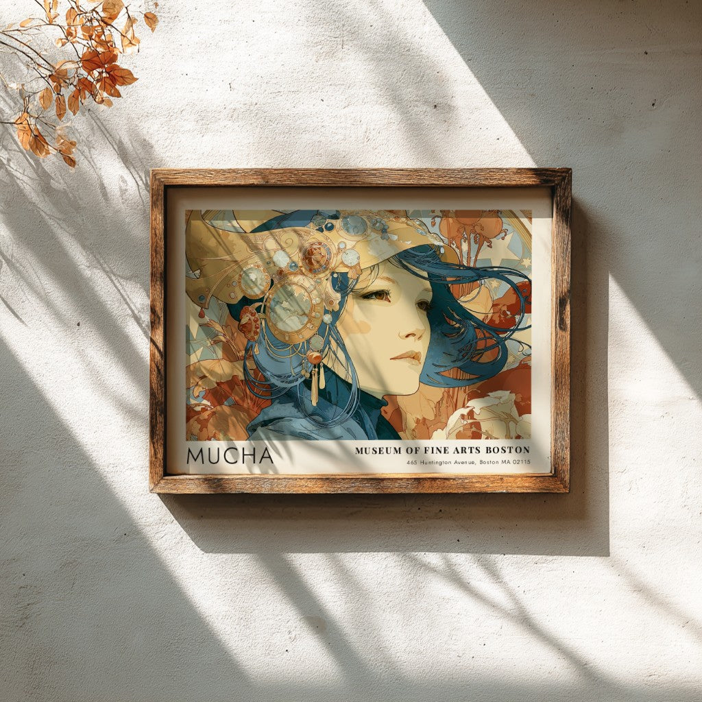 Wall art poster featuring Alphonse Mucha Poésie Décorative in deep blue and terracotta tones