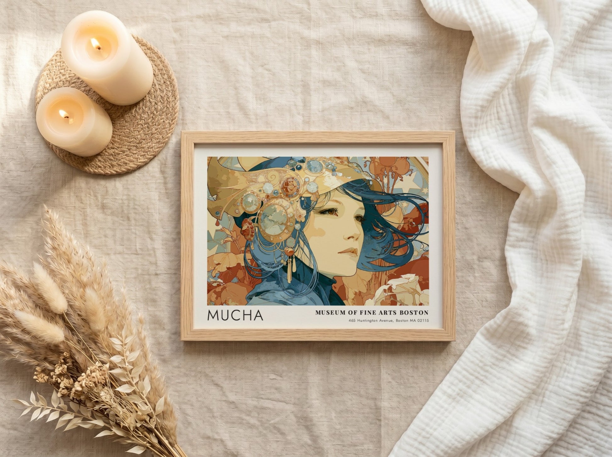 Wall art poster featuring Alphonse Mucha Poésie Décorative in deep blue and terracotta tones