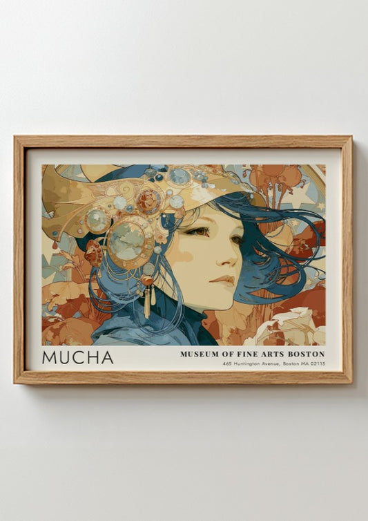 Wall art poster featuring Alphonse Mucha Poésie Décorative in deep blue and terracotta tones
