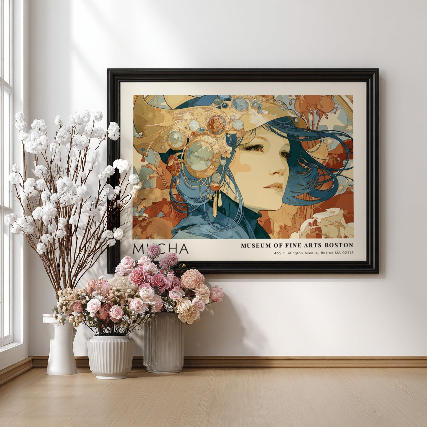 Wall art poster featuring Alphonse Mucha Poésie Décorative in deep blue and terracotta tones