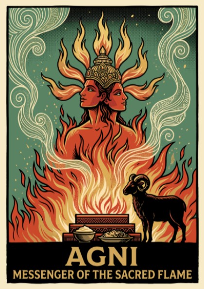 Poster featuring Agni with two faces standing in flames beside a black ram.