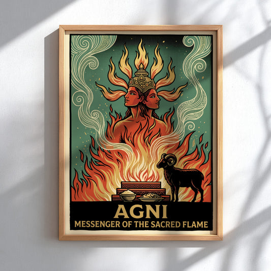 Poster featuring Agni with two faces standing in flames beside a black ram.