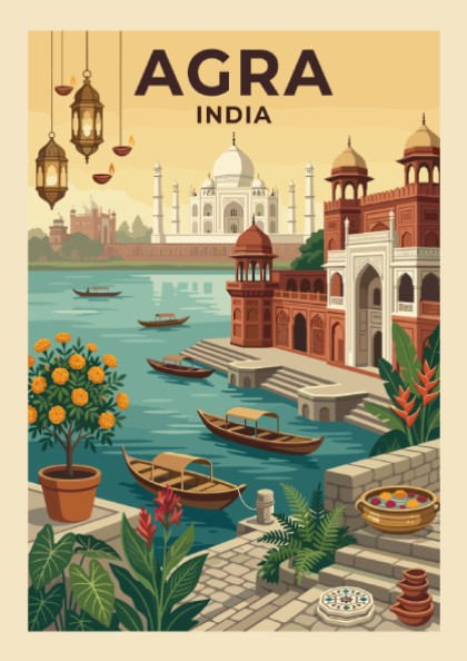 Vintage Agra India travel poster featuring the Taj Mahal and river scene in warm, earthy tones.