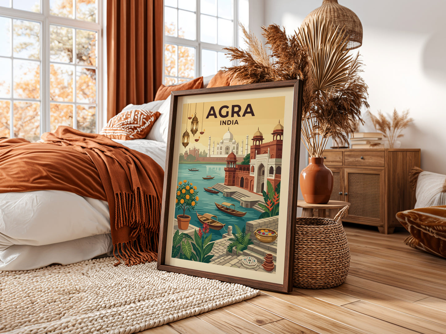 Vintage Agra India travel poster featuring the Taj Mahal and river scene in warm, earthy tones.