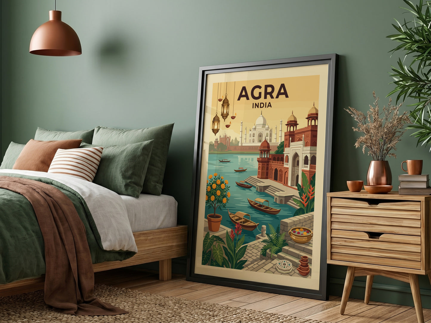 Vintage Agra India travel poster featuring the Taj Mahal and river scene in warm, earthy tones.