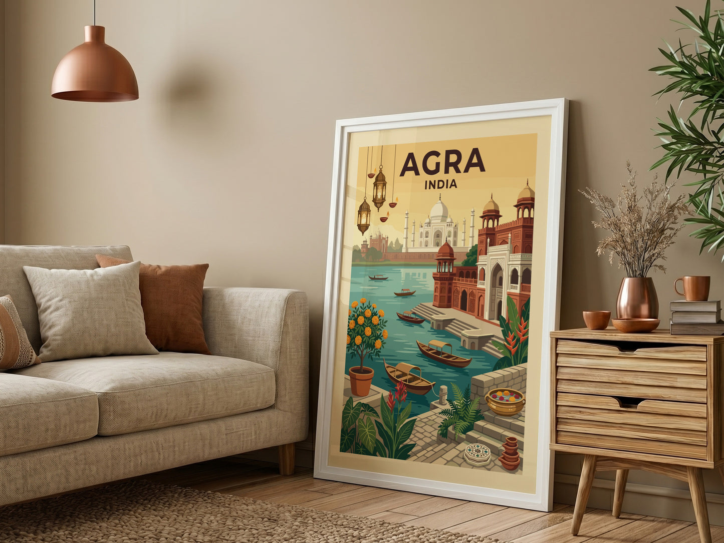 Vintage Agra India travel poster featuring the Taj Mahal and river scene in warm, earthy tones.