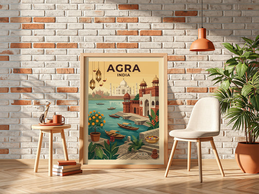 Vintage Agra India travel poster featuring the Taj Mahal and river scene in warm, earthy tones.