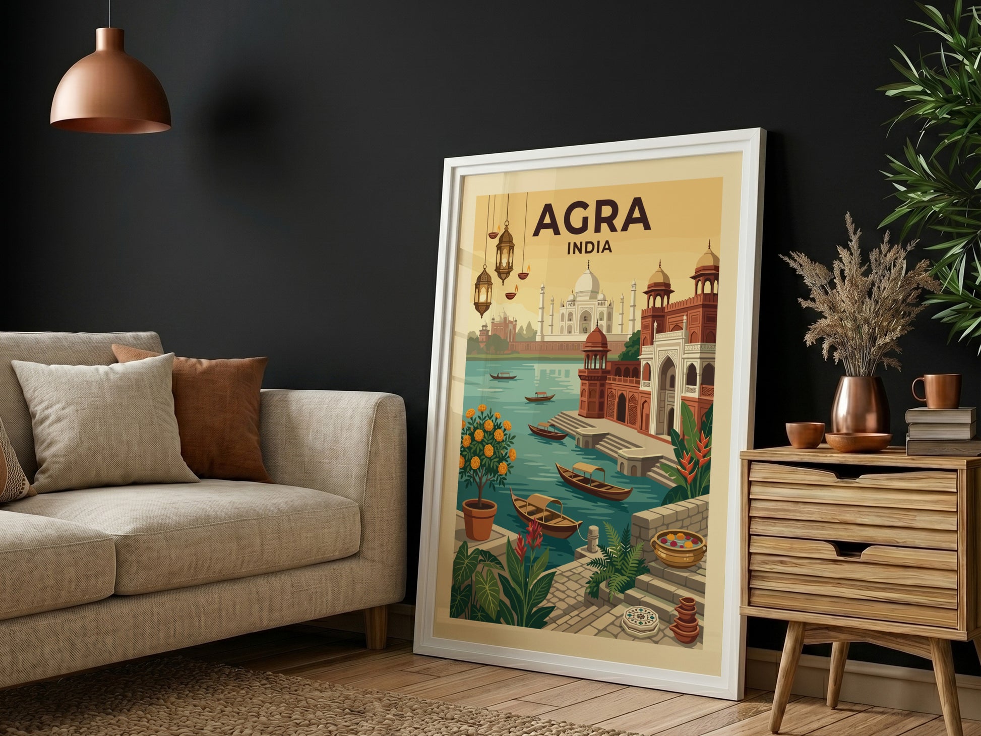 Vintage Agra India travel poster featuring the Taj Mahal and river scene in warm, earthy tones.