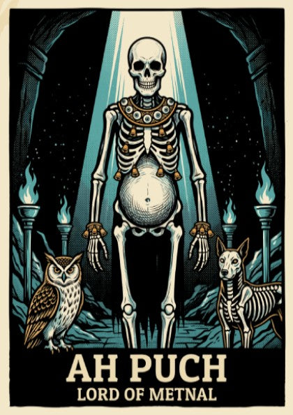 Poster featuring Ah Puch, Lord of Metnal, with an owl and dog skeleton.