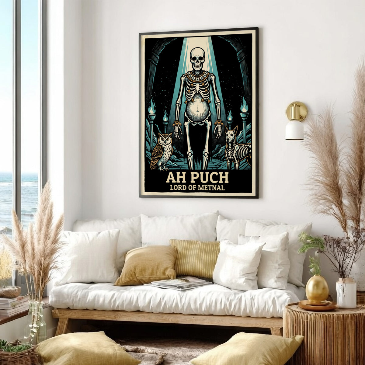 Poster featuring Ah Puch, Lord of Metnal, with an owl and dog skeleton.