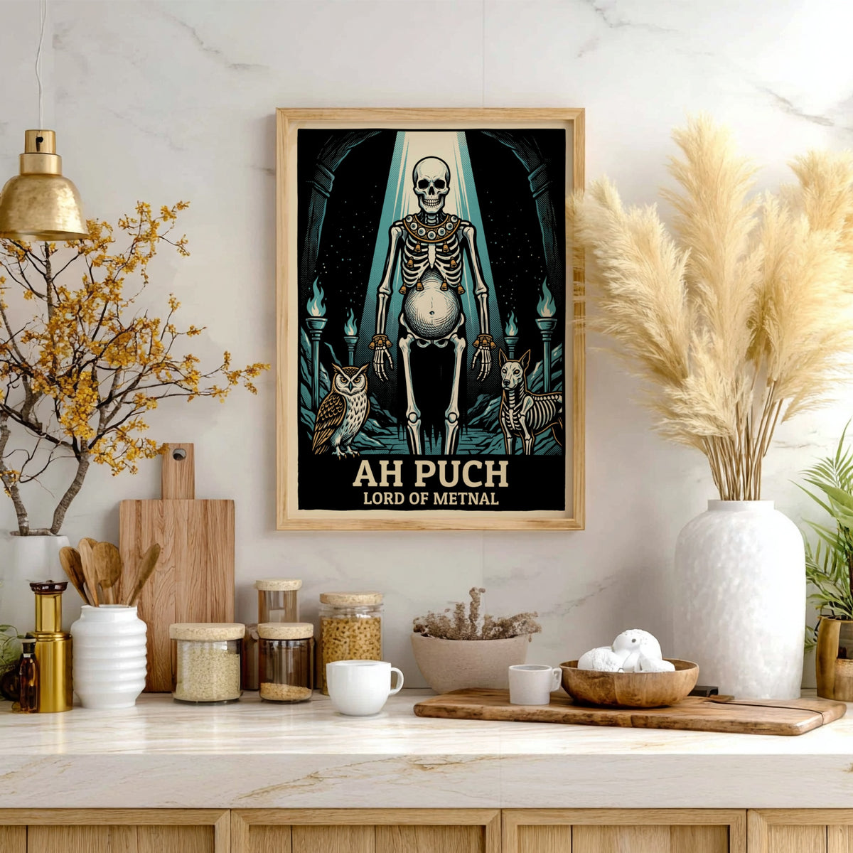 Poster featuring Ah Puch, Lord of Metnal, with an owl and dog skeleton.
