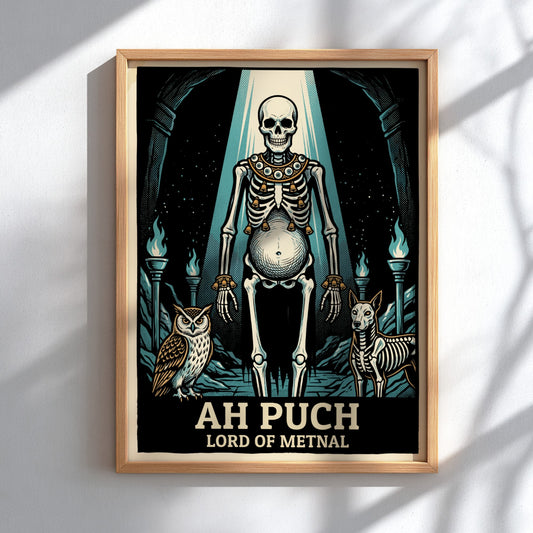 Poster featuring Ah Puch, Lord of Metnal, with an owl and dog skeleton.