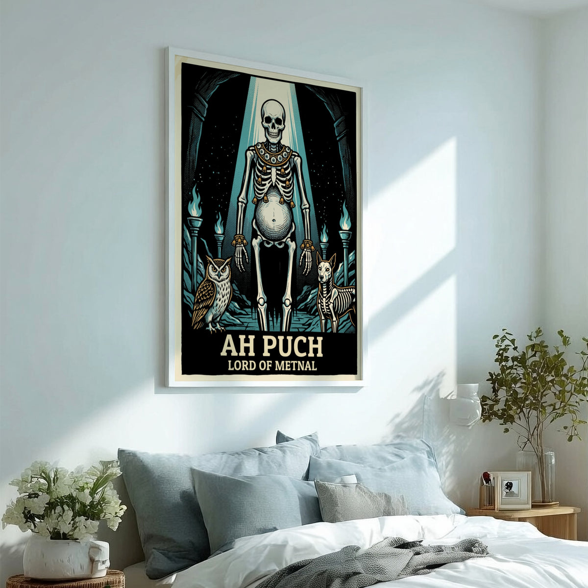 Poster featuring Ah Puch, Lord of Metnal, with an owl and dog skeleton.