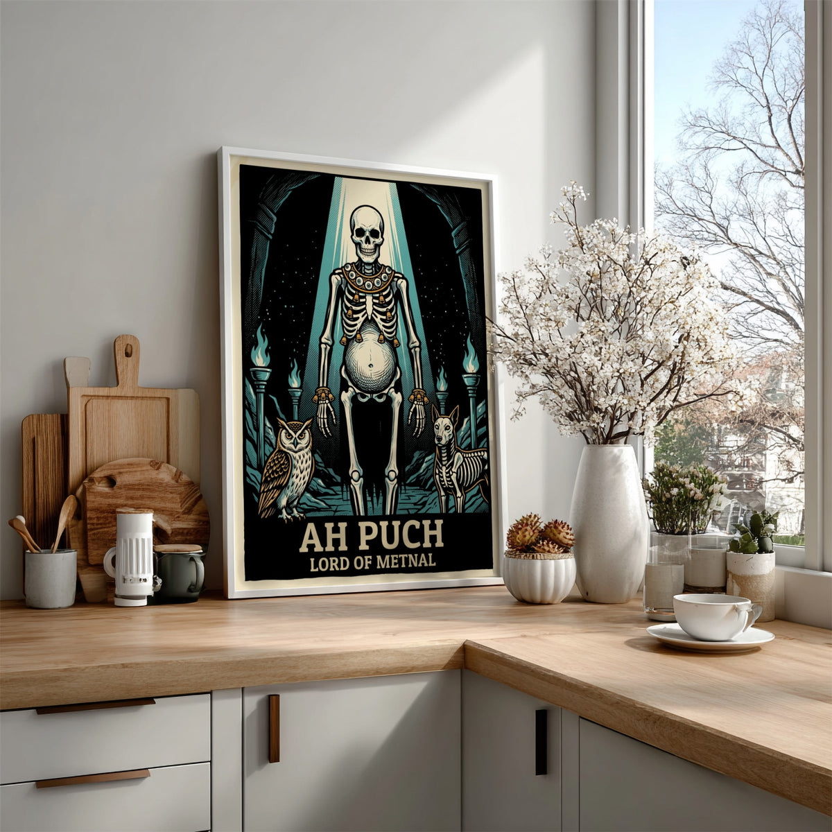 Poster featuring Ah Puch, Lord of Metnal, with an owl and dog skeleton.