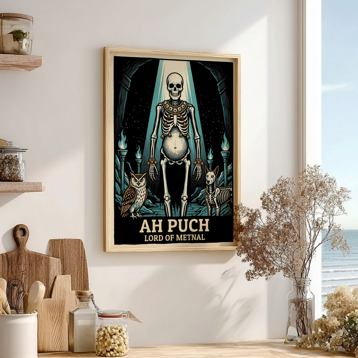 Poster featuring Ah Puch, Lord of Metnal, with an owl and dog skeleton.