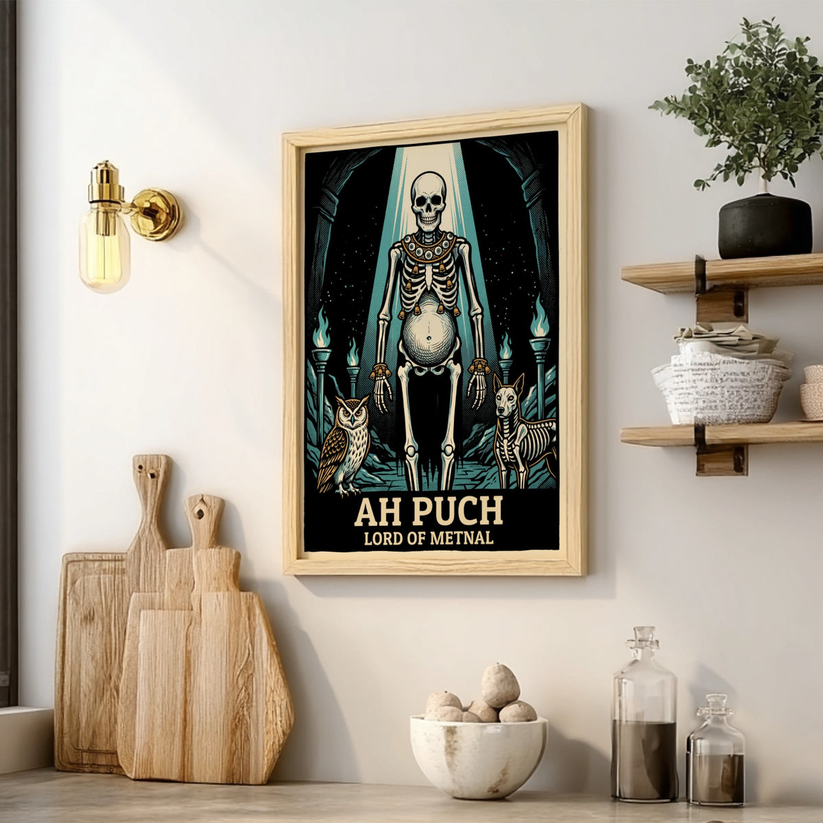 Poster featuring Ah Puch, Lord of Metnal, with an owl and dog skeleton.