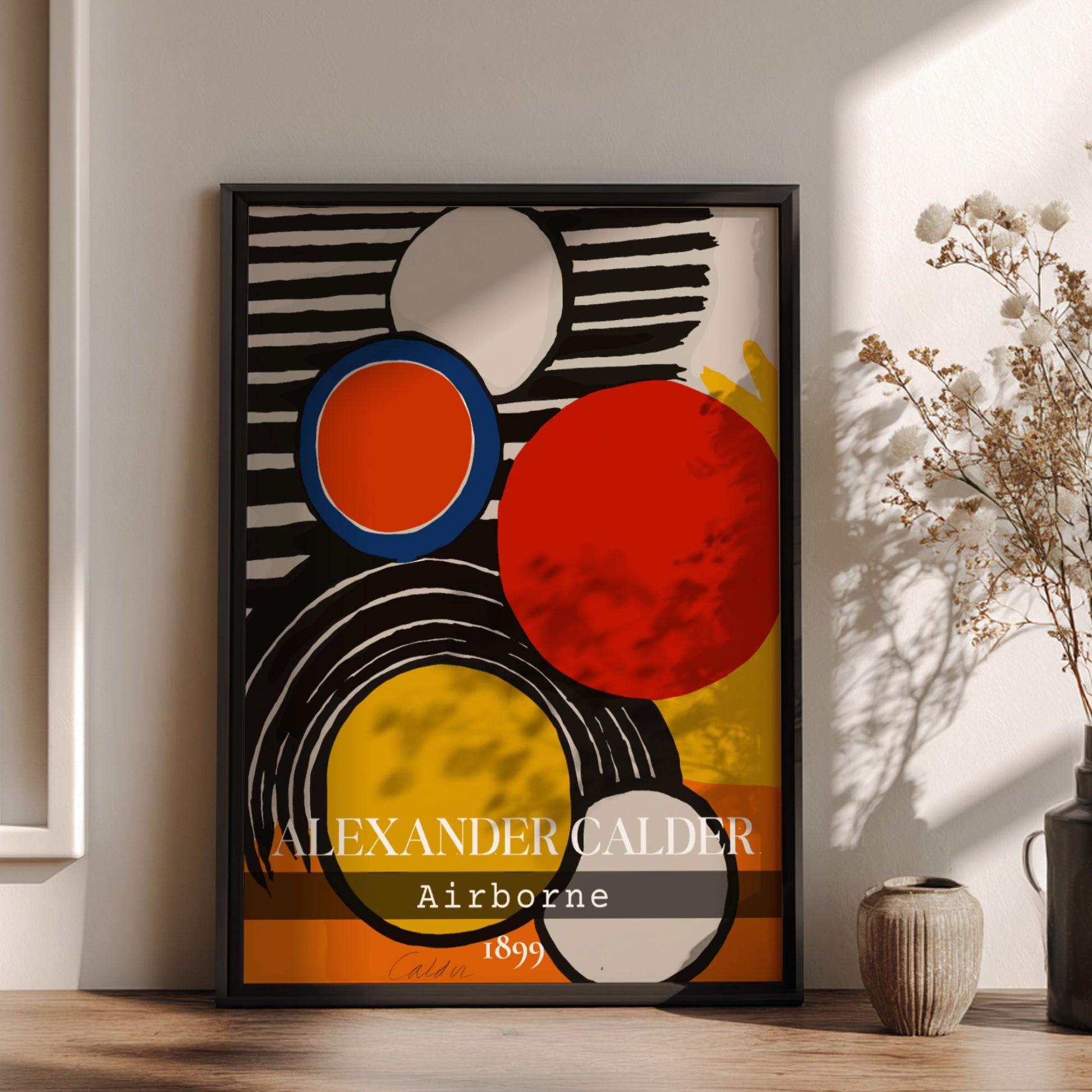 Alexander Calder Airborne poster featuring abstract circles in red, orange, and yellow on a striped
