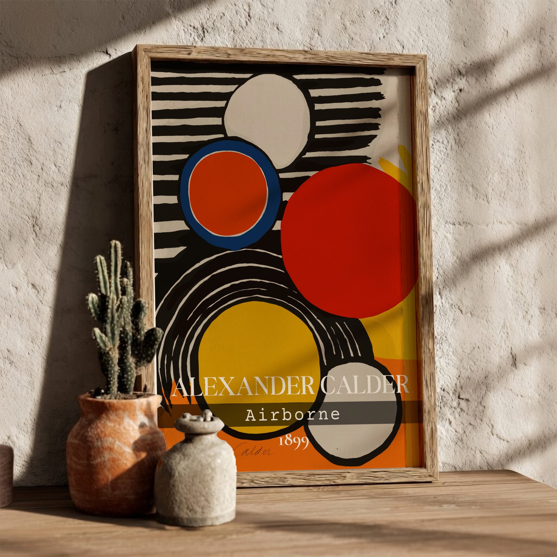 Alexander Calder Airborne poster featuring abstract circles in red, orange, and yellow on a striped