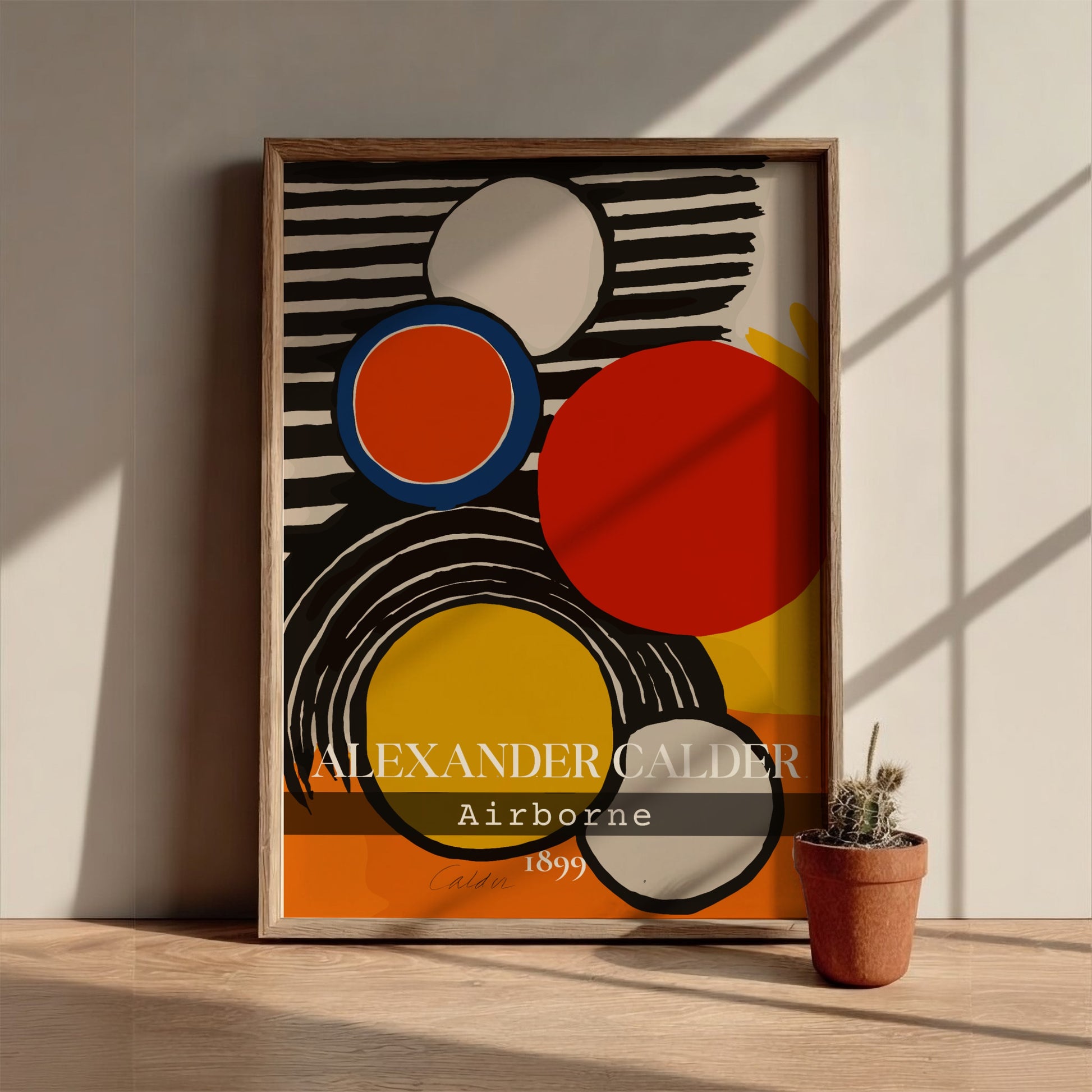 Alexander Calder Airborne poster featuring abstract circles in red, orange, and yellow on a striped
