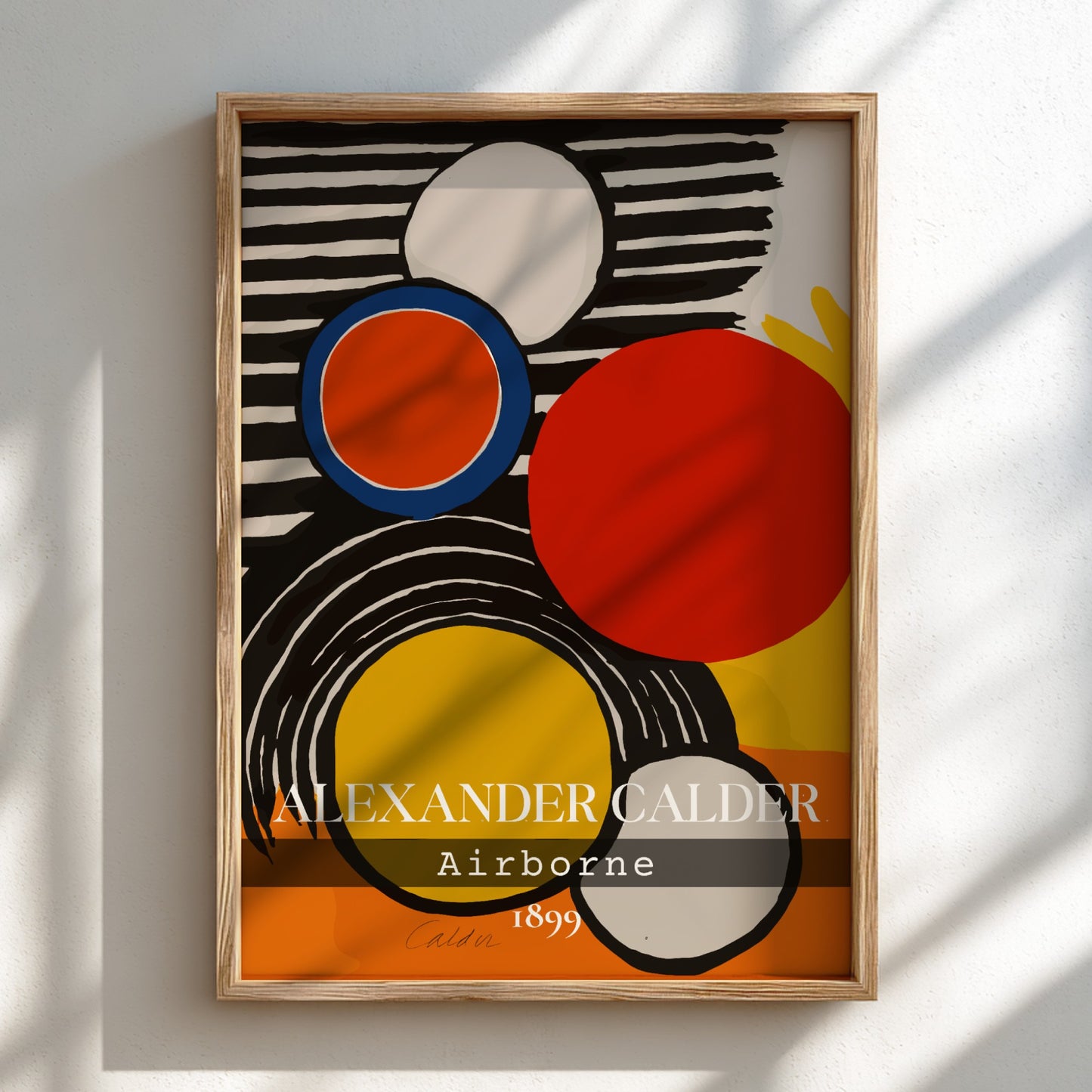 Alexander Calder Airborne poster featuring abstract circles in red, orange, and yellow on a striped