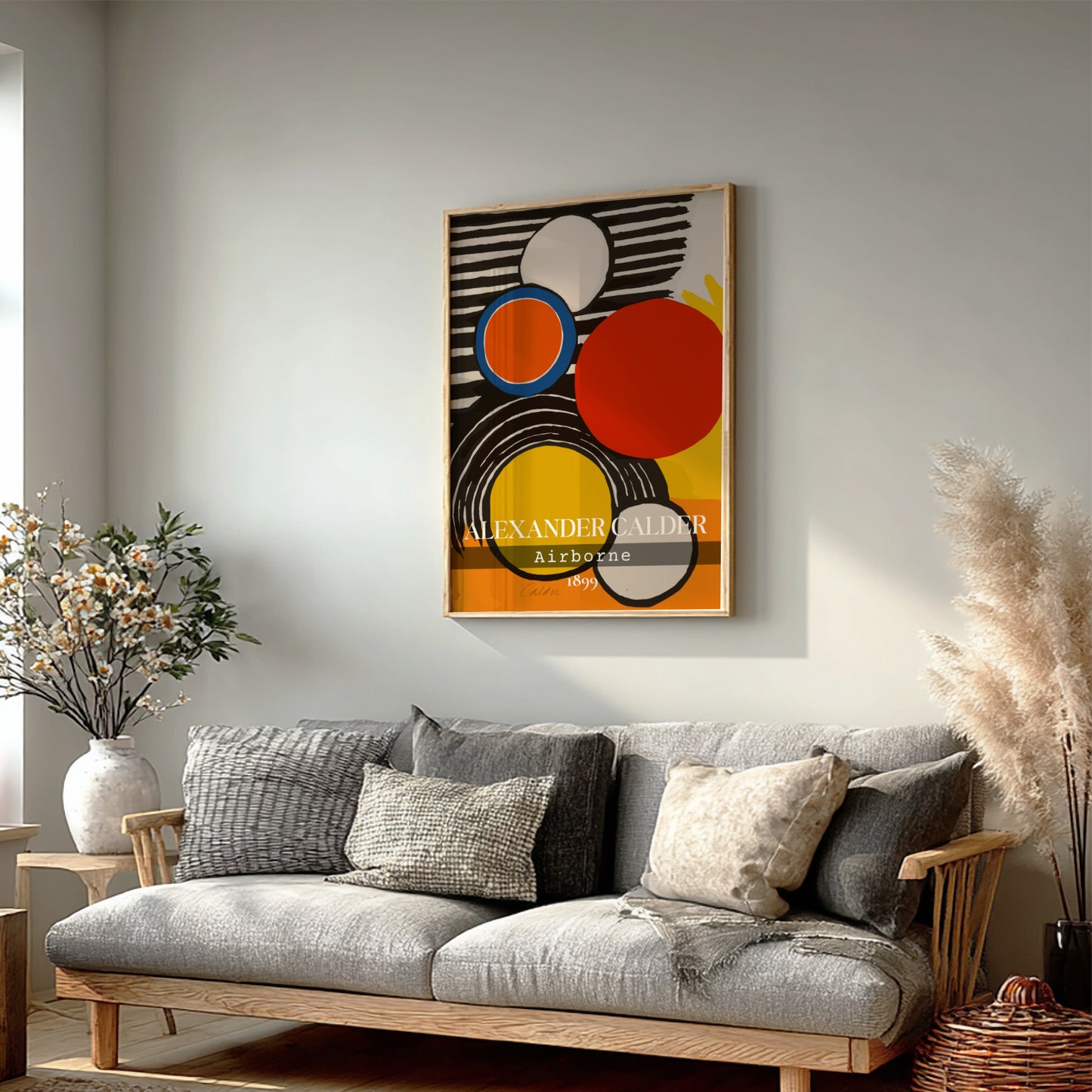 Alexander Calder Airborne poster featuring abstract circles in red, orange, and yellow on a striped