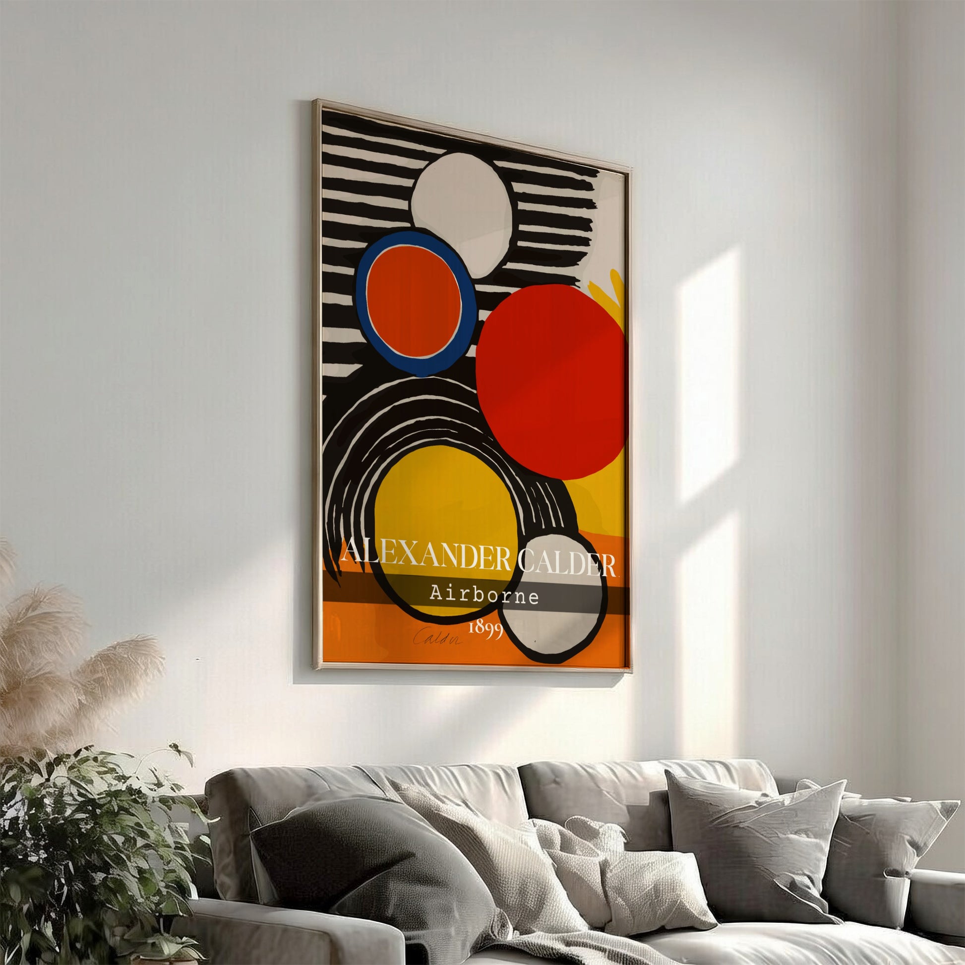 Alexander Calder Airborne poster featuring abstract circles in red, orange, and yellow on a striped