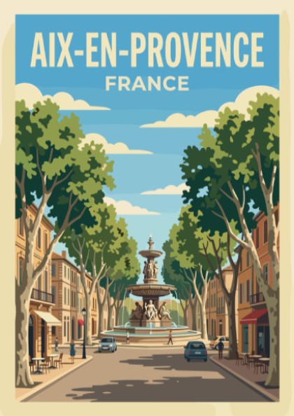 Poster of Aix-en-Provence France featuring a central fountain lined with trees and buildings