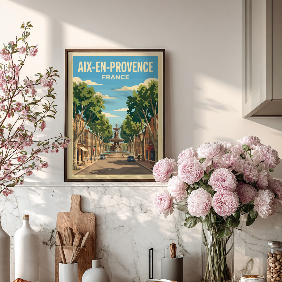 Poster of Aix-en-Provence France featuring a central fountain lined with trees and buildings