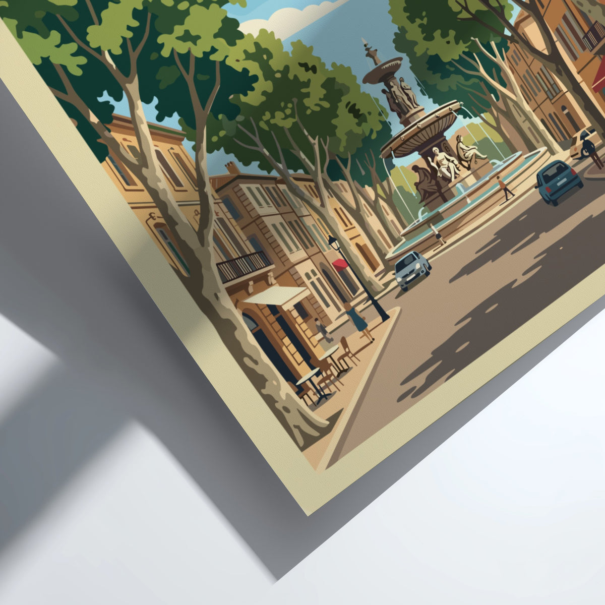 Poster of Aix-en-Provence France featuring a central fountain lined with trees and buildings