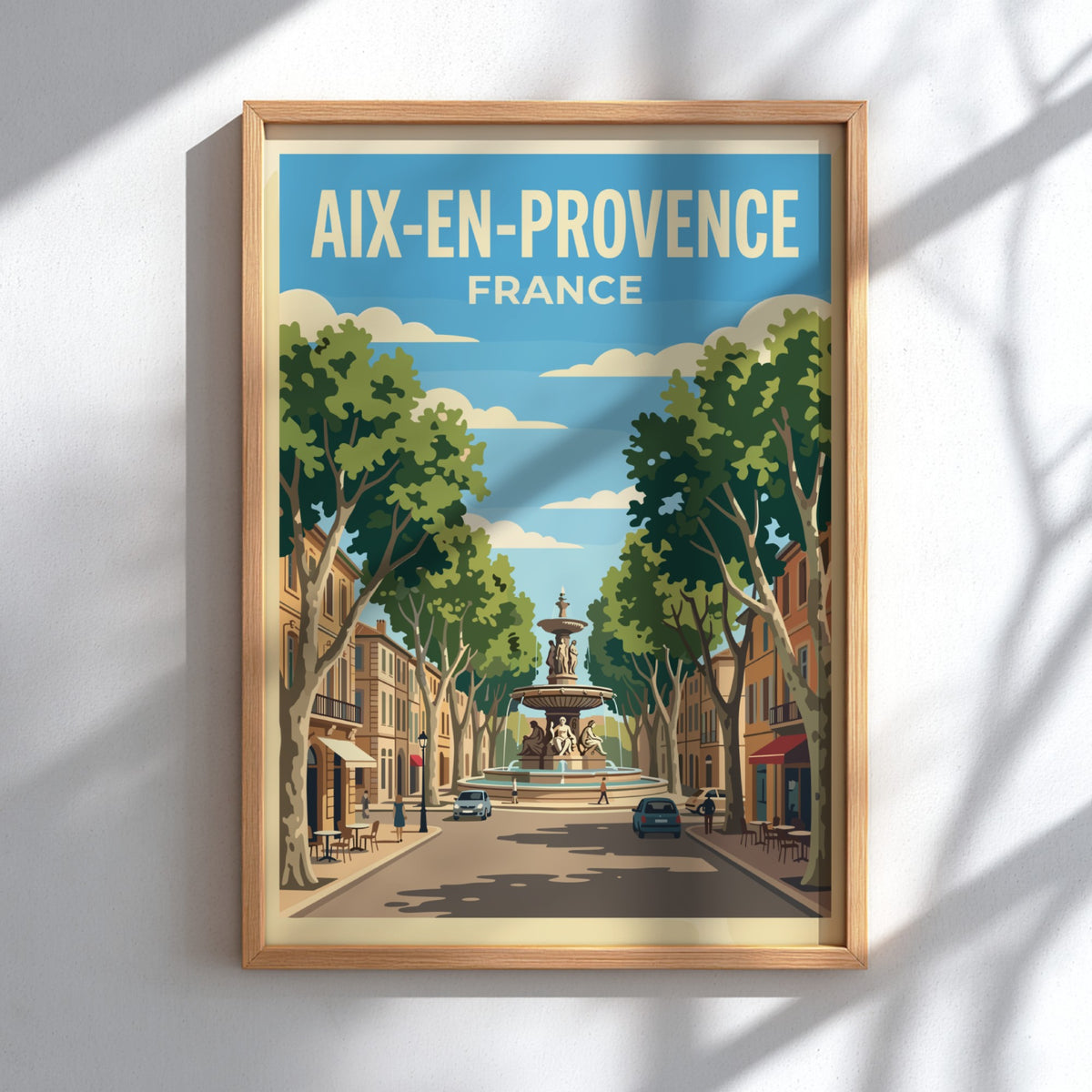 Poster of Aix-en-Provence France featuring a central fountain lined with trees and buildings