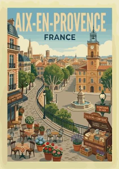 Vintage travel poster of Aix-en-Provence, France, featuring a clock tower and charming street scene.