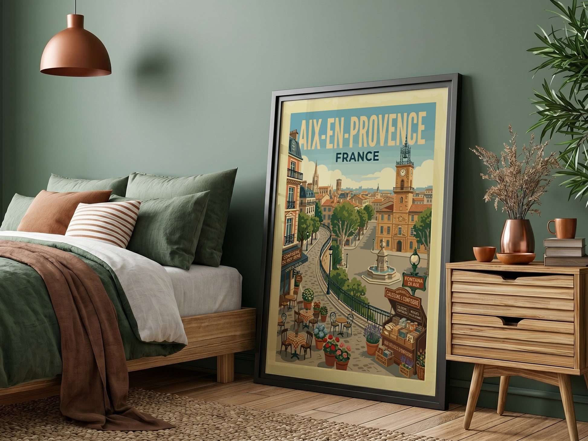 Vintage travel poster of Aix-en-Provence, France, featuring a clock tower and charming street scene.
