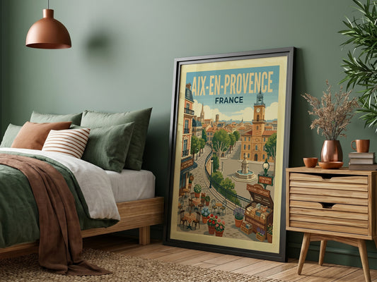 Vintage travel poster of Aix-en-Provence, France, featuring a clock tower and charming street scene.