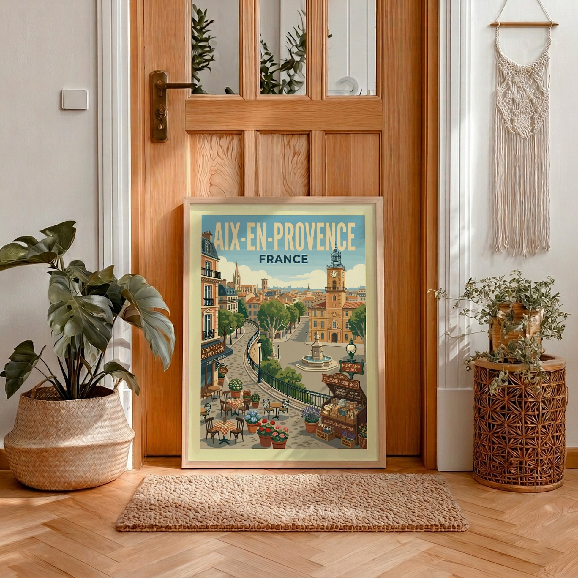 Vintage travel poster of Aix-en-Provence, France, featuring a clock tower and charming street scene.