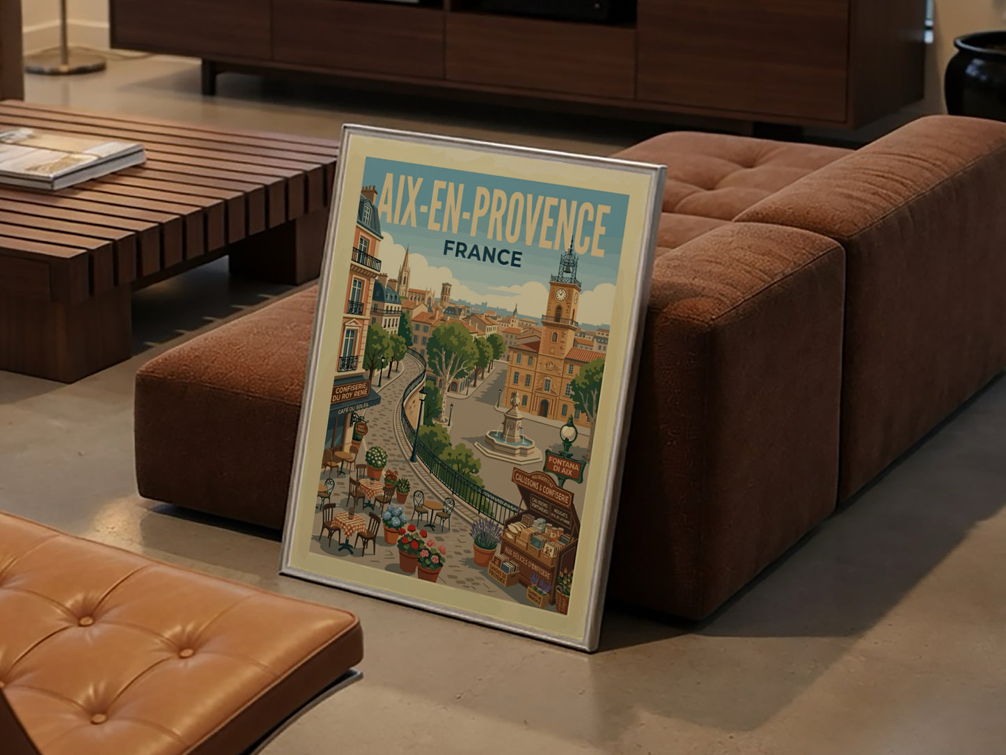 Vintage travel poster of Aix-en-Provence, France, featuring a clock tower and charming street scene.